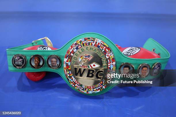 The WBC World Champion belt is pictured at the Boxing Championship of Ukraine in Ivano-Frankivsk Region, western Ukraine.