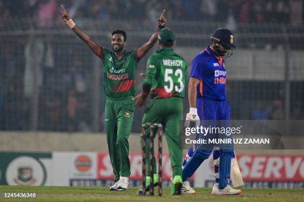 Bangladesh's Ebadot Hossain celebrates after the dismissal of India's Deepak Chahar during the second one-day international cricket match between...