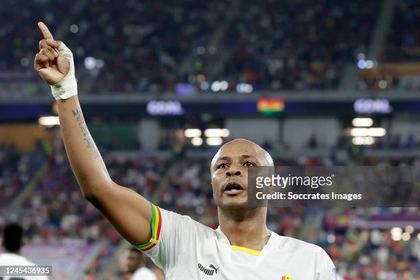 Andre Ayew of Ghana celebrates 1-1 during the World Cup match between Portugal v Ghana at the Stadium 974 on November 24, 2022 in Doha Qatar