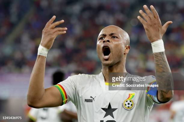 Andre Ayew of Ghana celebrates 1-1 during the World Cup match between Portugal v Ghana at the Stadium 974 on November 24, 2022 in Doha Qatar