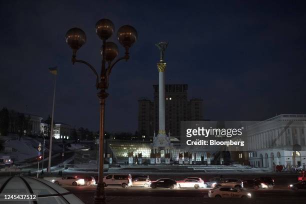 Independence Square during a power outage in Kyiv, Ukraine, on Tuesday, Dec. 6, 2022. Ukrainians have been no strangers to hardship over the past...