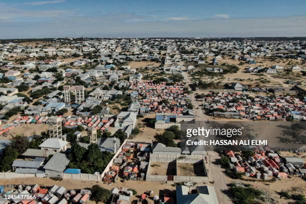 This aerial photograph shows makeshift tents at Limaan camp in Mogadishu on Wednesday, December 7, 2022 where internally displaced Somalis who fled...