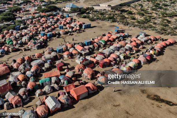 This aerial photograph shows makeshift tents at Limaan camp in Mogadishu on Wednesday, December 7, 2022 where internally displaced Somalis who fled...
