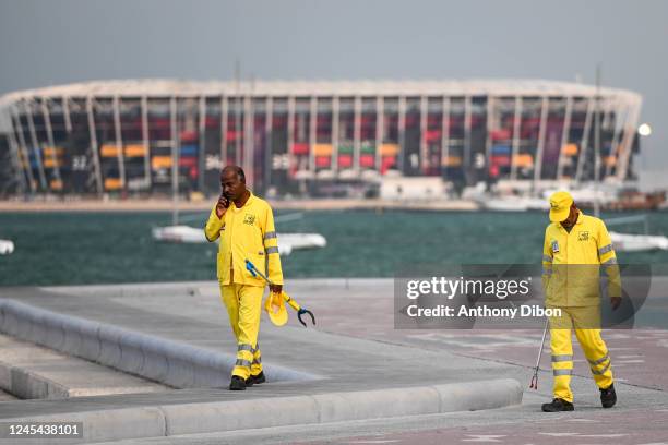 Illustration picture shows workers near the stadium 974 during the Disassembly of Stadium 974 at Stadium 974 on December 7, 2022 in Doha, Qatar.