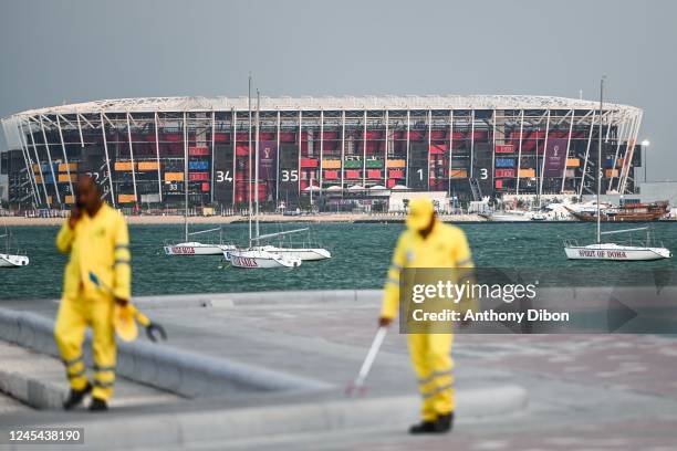 Illustration picture shows workers near the stadium 974 during the Disassembly of Stadium 974 at Stadium 974 on December 7, 2022 in Doha, Qatar.