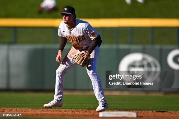 Jackson Merrill of the Peoria Javelinas in the field during the Fall Stars Game at Sloan Park on November 6, 2022 in Mesa, Arizona.