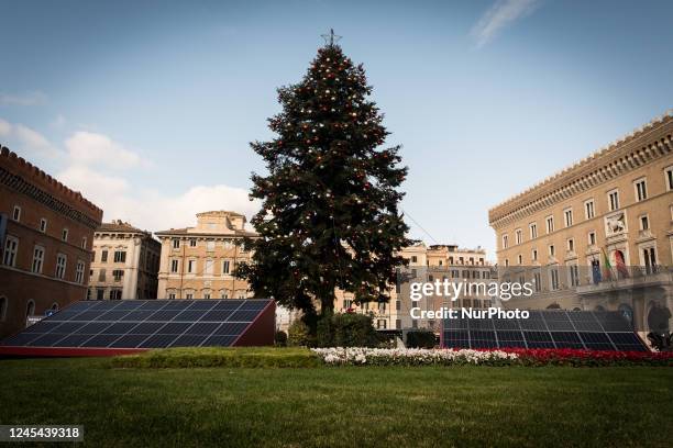 Piazza Venezia, installation of the Christmas tree of the Municipality of Rome powered by solar panels, realised by ACEA on December 07, 2022 in...