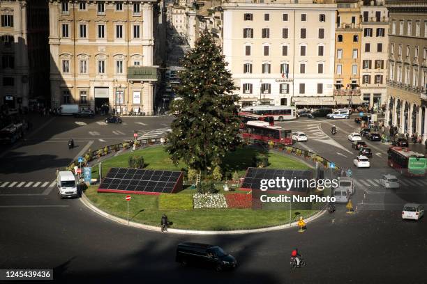 Piazza Venezia, installation of the Christmas tree of the Municipality of Rome powered by solar panels, realised by ACEA on December 07, 2022 in...