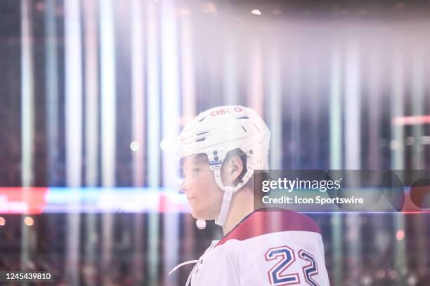 Montreal Canadiens Left Wing Cole Caufield looks on during the third period of an NHL game between the Calgary Flames and the Montreal Canadiens on...