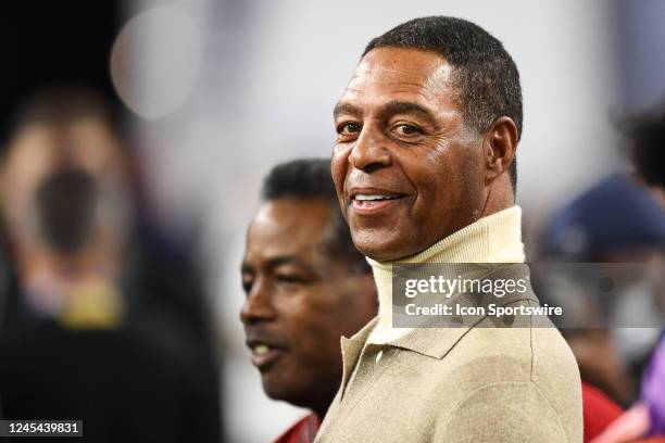 Former USC great Marcus Allen looks on during the Pac-12 Conference championship game between the Utah Utes and the USC Trojans at Allegiant Stadium...