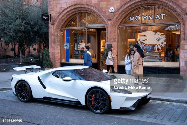 Ford GT supercar with registered from Kuwait in the exclusive area of Mayfair on 2nd December 2022 in London, United Kingdom. The Ford GT has a...