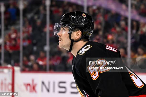 Calgary Flames Defenceman MacKenzie Weegar looks on during the second period of an NHL game between the Calgary Flames and the Montreal Canadiens on...