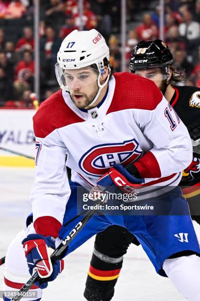 Montreal Canadiens Right Wing Josh Anderson handles the puck during the second period of an NHL game between the Calgary Flames and the Montreal...