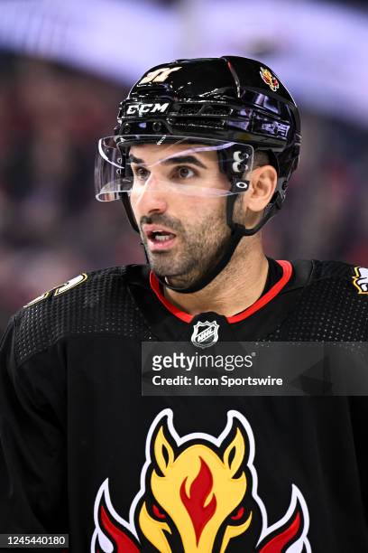Calgary Flames Center Nazem Kadri looks on during the third period of an NHL game between the Calgary Flames and the Montreal Canadiens on December 1...