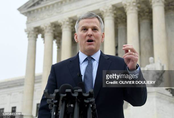 Josh Stein, North Carolina Attorney General, speaks in front of the US Supreme Court in Washington, DC, on December 7, 2022 after oral arguments in...