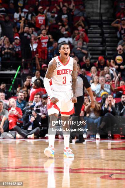 Kevin Porter Jr. #3 of the Houston Rockets celebrates against the Philadelphia 76ers on December 5, 2022 at the Toyota Center in Houston, Texas. NOTE...