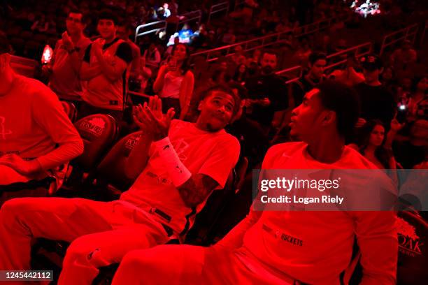 Jalen Green and Kevin Porter Jr. #3 of the Houston Rockets look on during player introductions prior to the game against the Philadelphia 76ers on...