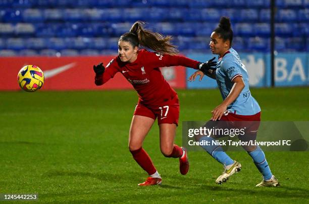 Carla Humphrey of Liverpool and Demi Stokes of Manchester City in action during the FA Women's Continental Tyres League Cup match between Liverpool...