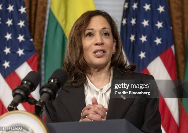 Vice President Kamala Harris speaks during a meeting with Ingrida Simonyte, Lithuania's prime minister, not pictured, in the Vice President's...