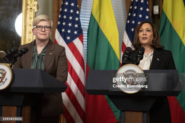 Vice President Kamala Harris, right, meets with Ingrida Simonyte, Lithuania's prime minister, in the Vice President's Ceremonial Office in...