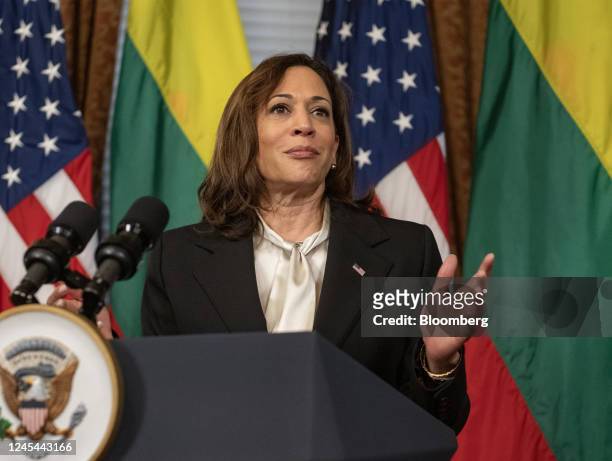 Vice President Kamala Harris speaks during a meeting with Ingrida Simonyte, Lithuania's prime minister, not pictured, in the Vice President's...