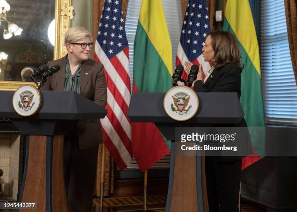 Vice President Kamala Harris, right, meets with Ingrida Simonyte, Lithuania's prime minister, in the Vice President's Ceremonial Office in...