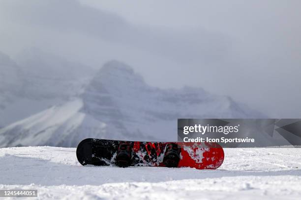 Snowboard is shown at the top of a mountain during the downhill event at the Lake Louise Audi FIS Ski World Cup on December 2 at the Lake Louise Ski...