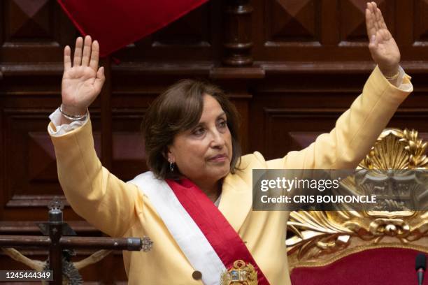 Peruvian Dina Boluarte greets members of the Congress after being sworn in as the new President hours after former President Pedro Castillo was...