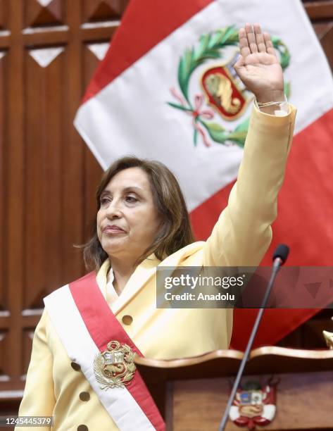 Peruvian Dina Boluarte greets members of the Congress after being sworn in as Peru's new leader after Congress removes President Pedro Castillo in...