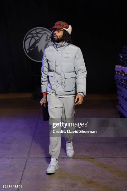 Angelo Russell of the Minnesota Timberwolves arrives to the arena before the game against the Indiana Pacers on December 7, 2022 at Target Center in...