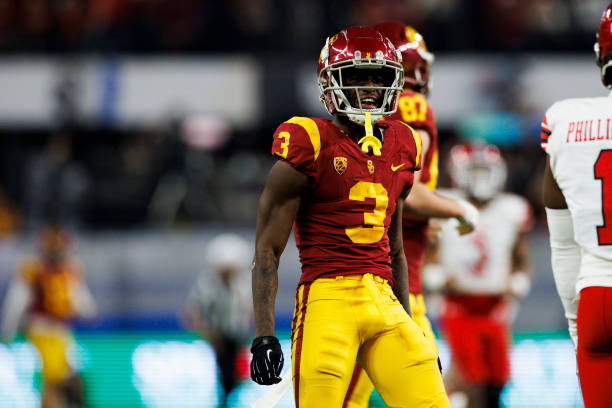 Trojans wide receiver Jordan Addison celebrates during the Pac-12 Championship football game between Utah Utes and USC Trojans on December 2, 2022