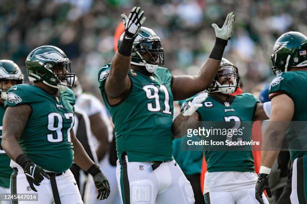 Philadelphia Eagles defensive tackle Fletcher Cox reacts during the National Football League game between the Tennessee Titans and Philadelphia...