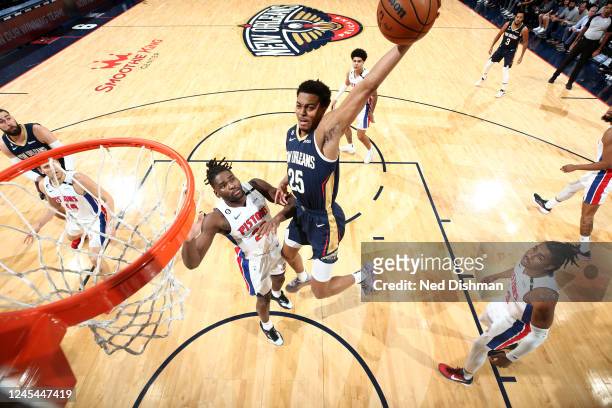 Trey Murphy III of the New Orleans Pelicans drives to the basket against the Detroit Pistons on December 7, 2022 at the Smoothie King Center in New...