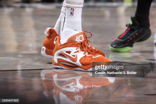 The sneakers worn by Kevin Durant of the Brooklyn Nets during the game against the Charlotte Hornets on December 7, 2022 at Barclays Center in...