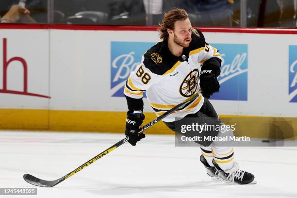 David Pastrnak of the Boston Bruins skates prior to the game against the Colorado Avalanche at Ball Arena on December 7, 2022 in Denver, Colorado.