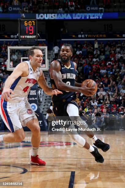 Naji Marshall of the New Orleans Pelicans drives to the basket against the Detroit Pistons on December 7, 2022 at the Smoothie King Center in New...