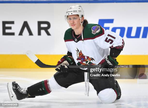 Troy Stecher of the Arizona Coyotes warms up before the game against the Edmonton Oilers on December 7, 2022 at Rogers Place in Edmonton, Alberta,...