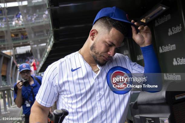 Chicago Cubs catcher Willson Contreras gets emotional after a game against the Pittsburgh Pirates, July 26 at Wrigley Field in Chicago.