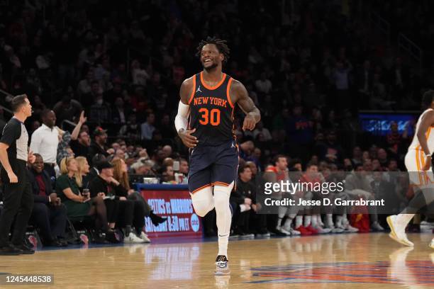 Julius Randle of the New York Knicks smiles during the game against the Atlanta Hawks on December 7, 2022 at Madison Square Garden in New York City,...