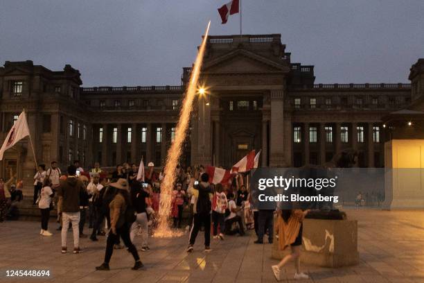 Demonstrators protest against Pedro Castillo, Peru's former president, following his impeachment and arrest, in front of the Palace of Justice in...