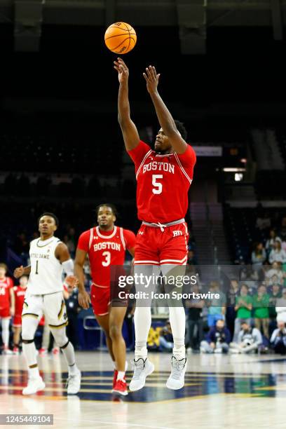 Boston University Terriers guard Walter Whyte fires up his jump shot during a mens college basketball game between the Boston University Terriers and...