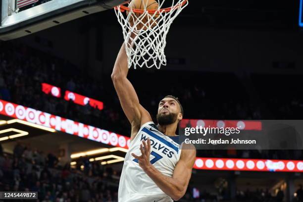 Rudy Gobert of the Minnesota Timberwolves drives to the basket during the game against the Indiana Pacers on December 7, 2022 at Target Center in...
