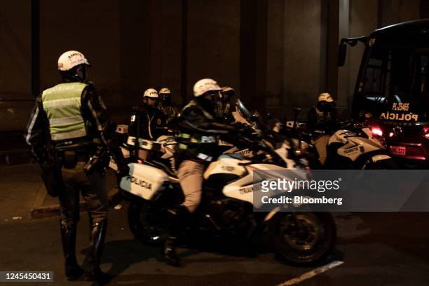 Police officers at the Lima Prefecture where Pedro Castillo, Peru's former president, is held following his impeachment and arrest in Lima, Peru, on...