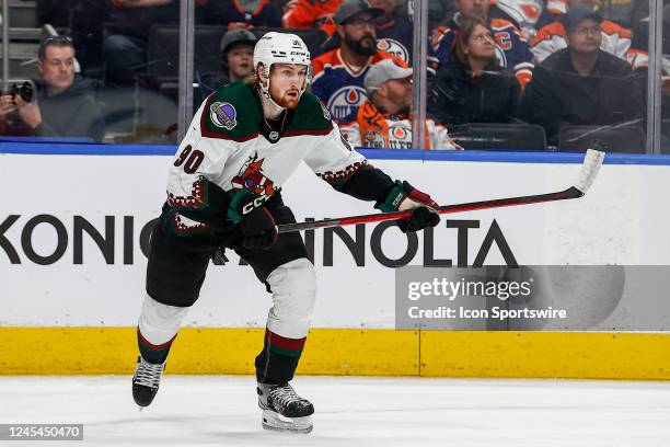 Arizona Coyotes Defenceman J.J. Moser skates for a puck in the first period during the Edmonton Oilers game versus the Arizona Coyotes on December 5,...
