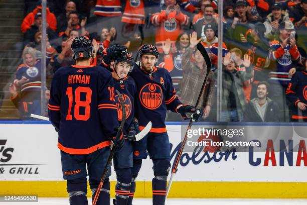 Edmonton Oilers Winger Leon Draisaitl celebrates a goal scored by Edmonton Oilers Center Ryan Nugent-Hopkins in the first period during the Edmonton...