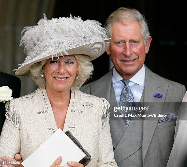 Camilla, Duchess of Cornwall and Prince Charles, Prince of Wales attend the wedding of Ben Elliot and Mary-Clare Winwood at the church of St. Peter...