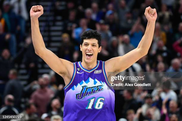 Simone Fontecchio of the Utah Jazz celebrates after defeating the Golden State Warriors at Vivint Arena on December 07, 2022 in Salt Lake City, Utah....