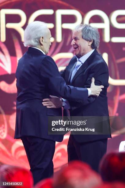 Jose Carreras and Chris de Burgh during the 28th annual Jose Carreras Gala at Media City Leipzig on December 7, 2022 in Leipzig, Germany.