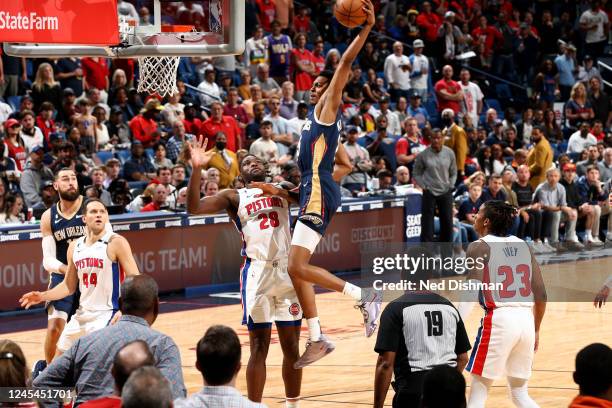 Trey Murphy III of the New Orleans Pelicans drives to the basket against the Detroit Pistons on December 7, 2022 at the Smoothie King Center in New...