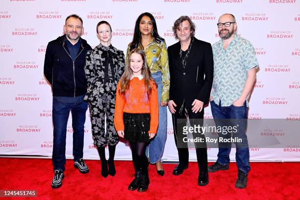 Matthew Warchus, Andrea Riseborough, Alisha Weir, Sindhu Vee, Rob Howell and Dennis Kelly visit the Museum of Broadway while attending Matilda Takes...